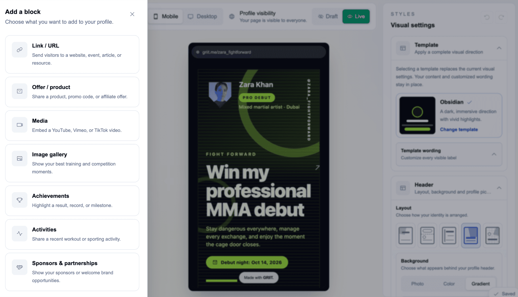 Choosing a new profile block from the Griit content library