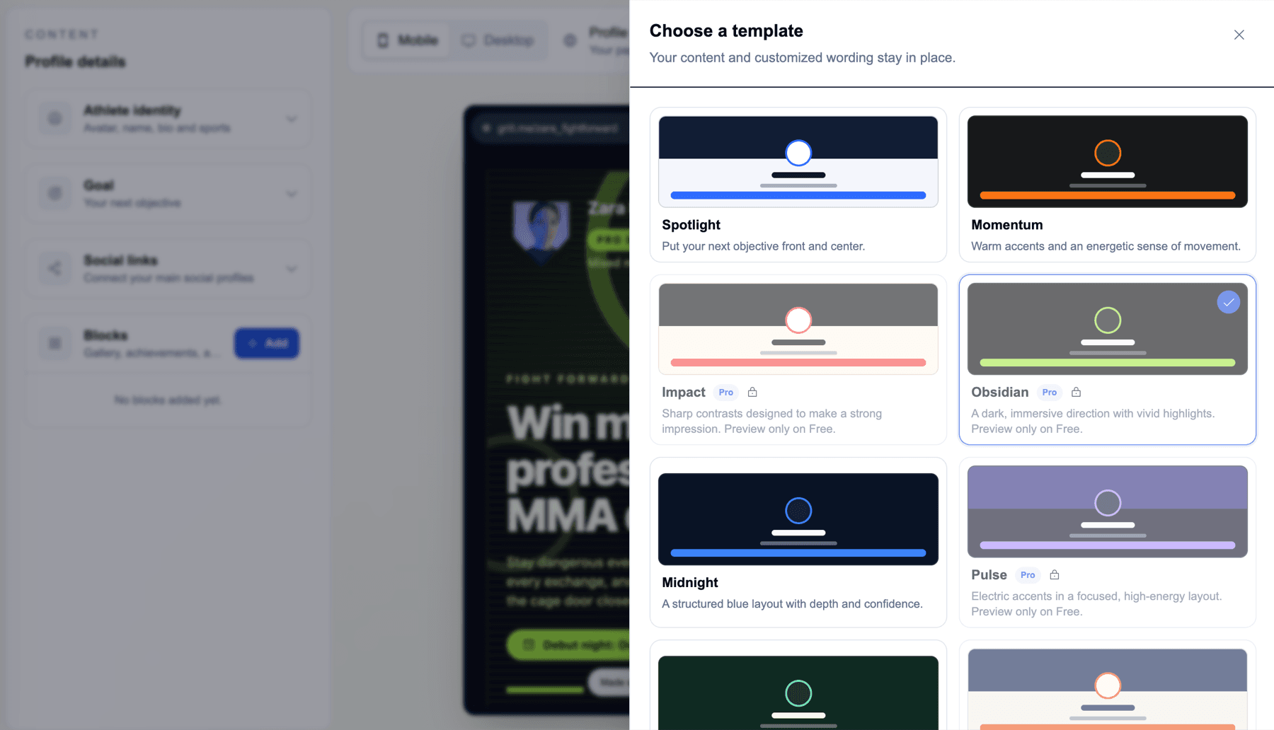 Browsing free and Pro athlete profile templates in the Griit editor