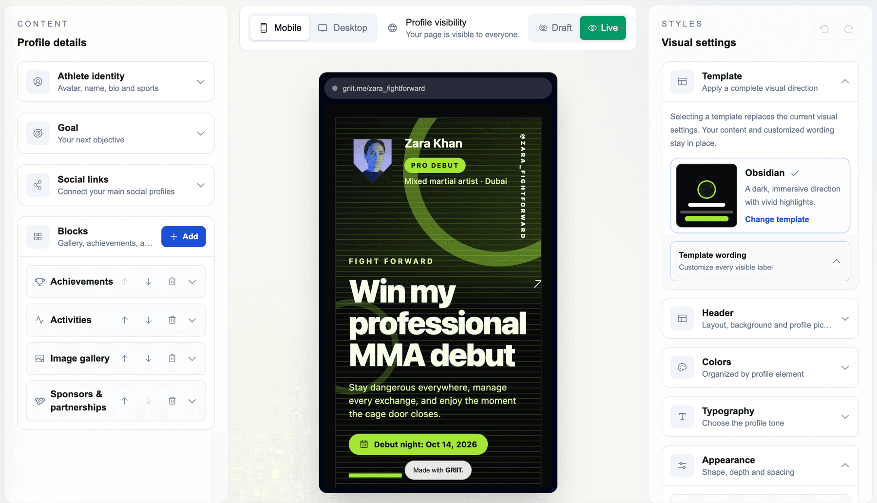 Choosing an athlete profile template in the Griit editor
