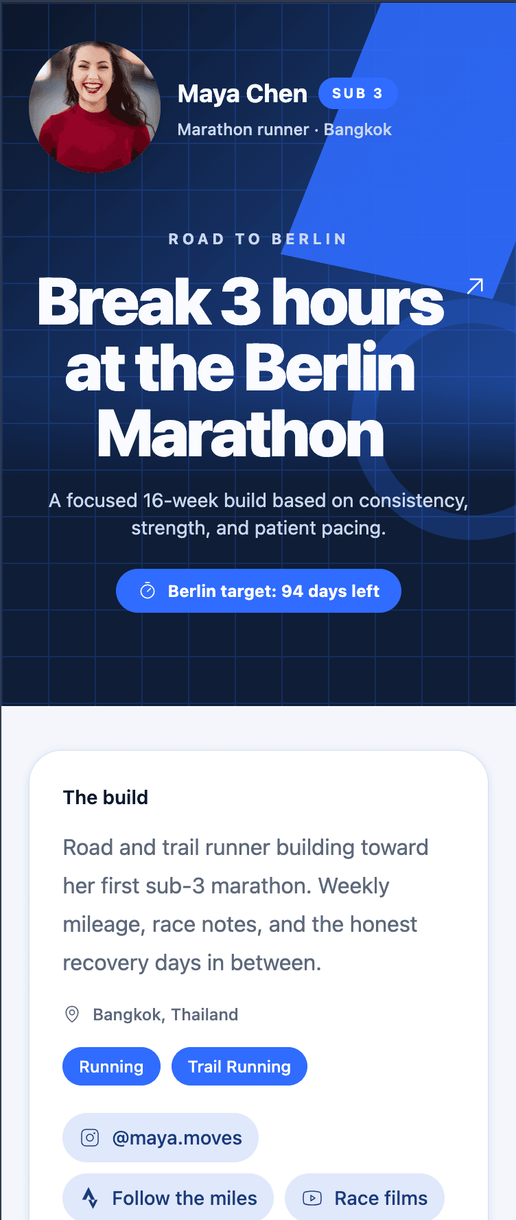 Maya Chen's running profile built with the Spotlight template